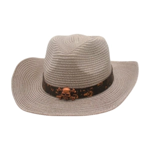 Sombrero vaquero étnico de paja tejida con accesorio de calavera pirata para la playa