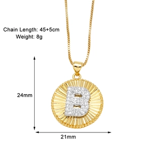 Detailed view of gold plated round letter B pendant necklace with dimensions and weight