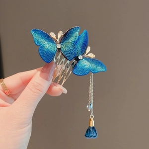 Blue Embroidered Butterfly Hair Comb With Tassel Rhinestone Alloy Hair Accessories For Women Handmade Antique Headpiece