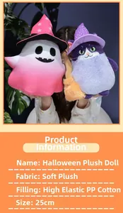 Detail of pink ghost and purple wizard cat plush toys made of soft fabric and PP cotton