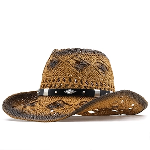 Chapeau de cowboy vintage ajouré en paille avec bordure brûlée et bandeau riveté