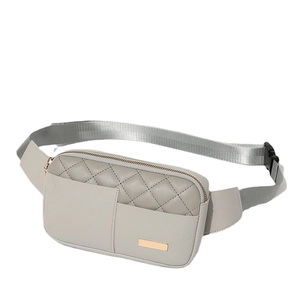 Light gray PU leather quilted fanny pack with adjustable strap and metal tag detail