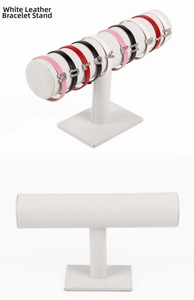 Detail view of white faux leather T-bar jewelry display stand for bracelets and watches