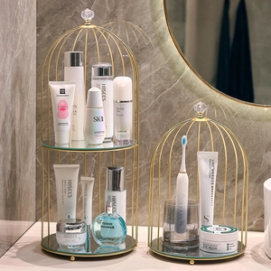 Luxury Birdcage Cosmetic Storage Rack Iron Metal Nordic Style Makeup Organizer For Bathroom Vanity Dresser Crystal Handle