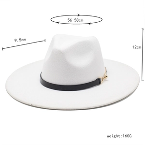 White wool fedora hat with black leather band and gold buckle detail, 9.5cm flat brim