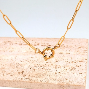 Minimalist 18K gold plated paperclip chain necklace with a large round spring clasp