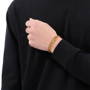 Double-layered golden stainless steel curb and paperclip chain bracelet for men