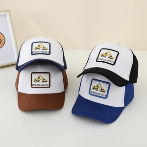 Detail of kids baseball caps featuring excavator embroidery and breathable mesh back