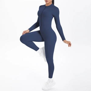 Dunkelblauer Yoga-Jumpsuit mit langen Ärmeln, Frontreißverschluss und schmaler Passform