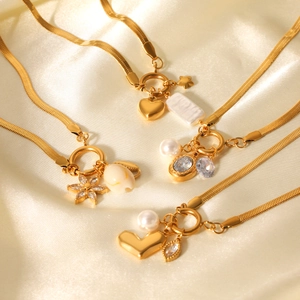 Stainless Steel Flat Snake Chain Necklace Gold Plated Heart Star Artificial Baroque Pearl Shell Zircon Flower Charm For Women