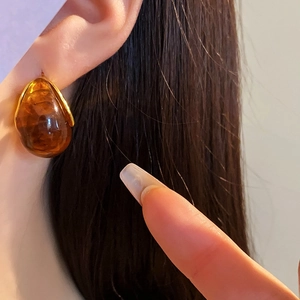 Close-up of a model wearing brown resin teardrop earrings with golden metal base