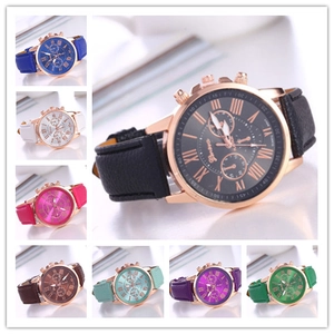 Collage of Geneva women's watches featuring Roman numerals and colorful leather bands