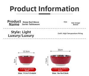 Size chart for Bohemian ceramic bowls with crimson patterns and floral interior details