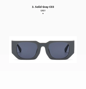 Detail view of solid grey aviator sunglasses with geometric frames and dark lenses