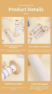 Detail view of wooden base and velvet cylinder display stand for hair accessories
