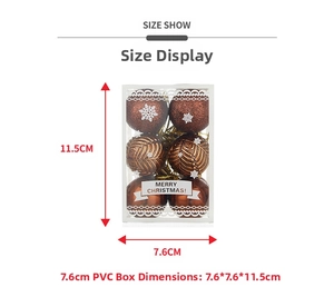 Detailed view of bronze Christmas ball set in a PVC box with size dimensions 7.6x7.6x11.5cm