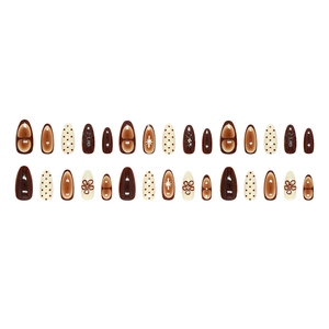 Vintage caramel brown press-on nails with floral pattern and star motifs, 24pcs set