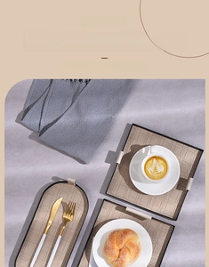 Close-up of woven leather storage tray with metal edges for snacks and coffee service