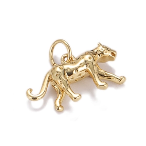 Close-up of a golden leopard-shaped pendant with white zirconia accents on white background