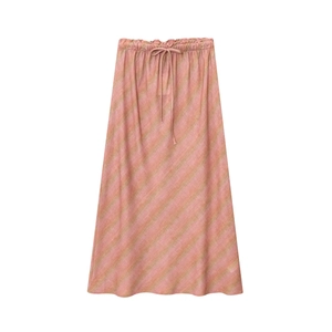 Pink and yellow diagonal striped midi skirt in linen blend with elastic drawstring waist