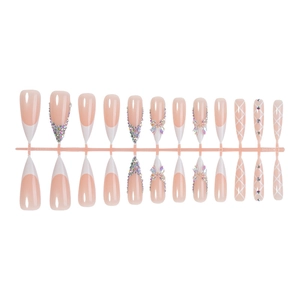 French tip long pointed press on nails with 3D bows and rhinestones 24pcs set