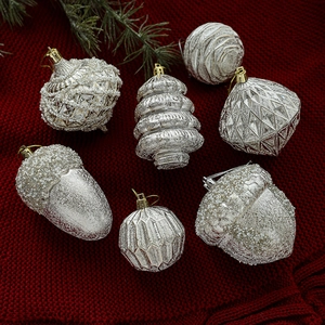 Set lusso 7 pezzi decorazioni natalizie argento con perle e finiture glitterate