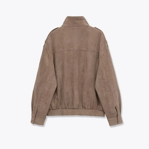 Khakifarbene Herrenjacke aus Wildlederimitat mit Stehkragen und elastischem Saum, Rückansicht