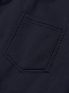 Detailed close-up of the cargo pocket and stitching on navy heavy drawstring pants