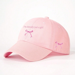Pink cotton baseball cap with I'm literally just a girl text and bow pattern
