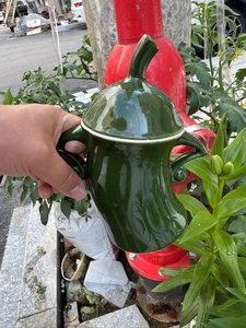 Close-up of a green chili pepper shaped ceramic jar with lid held in a natural outdoor setting