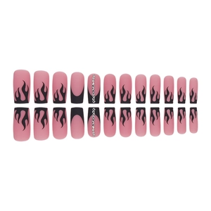 Matte pink and black flame press-on nails with vertical rhinestones in 24-piece set