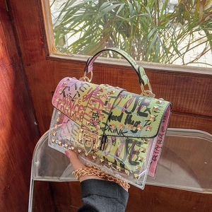 Women Transparent PVC Graffiti Shoulder Bag PU Snake Pattern Studded Rivet Gold Chain Crossbody Handbag Fashionable