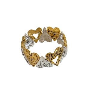 Elastic heart bead bracelet in gold and silver tones with LOVE engraved charms