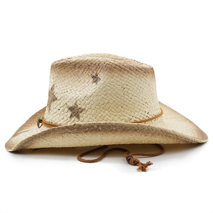 Vintage straw cowboy hat with burnt-edge finish and metal star accent on woven band