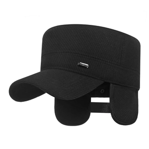 Winter fleece lined military flat top hat for men with warm ear flaps in black
