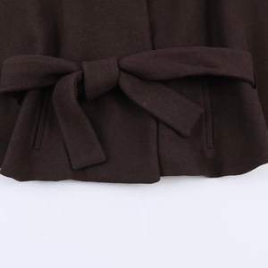 Short wool coat with waist belt and side pockets in deep brown for women