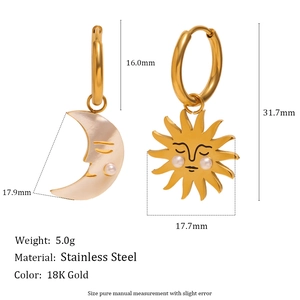 Asymmetric 18K gold plated stainless steel earrings with sun and moon pearl charms