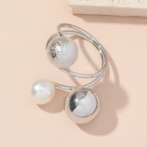 Silver multi-layer adjustable ring featuring white pearl and textured metal beads