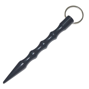 Ergonomic black aluminum tactical kubotan keychain with finger grooves and pointed tip