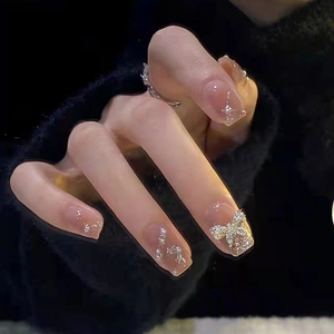 Faux Ongles Roses Carrés Ovales Capsules Avec Nœud En Strass Et Künstliche Perles Brillant Amovible Pour Femmes Filles