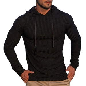 Men's slim fit black ribbed knit long sleeve hoodie for gym training and sports