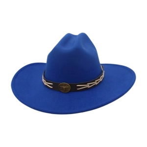 Royal blue wide brim wool jazz hat with a vintage bull head buckle leather band