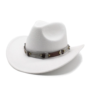 White felt cowboy hat with rivet decorated band shown from a side view angle