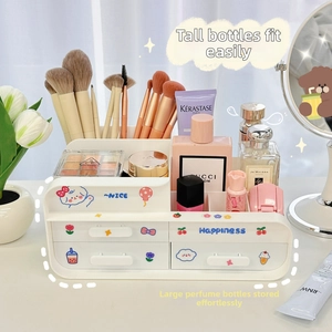 Detailed view of white multi-grid organizer with two drawers for perfumes and brushes