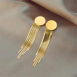 Elegant gold titanium steel round stud earrings with long snake chain tassels on silk