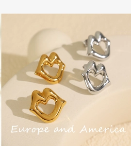 Detailed view of 18k gold and silver plated stainless steel lip-shaped stud earrings