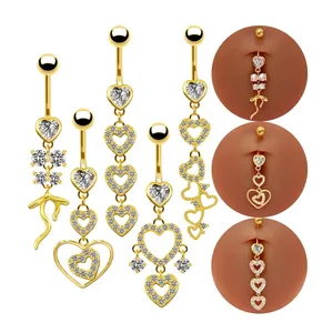 Fashion Heart Shape Rhinestone Alloy Dangle Belly Ring For Women Gold Silver Butterfly Moon Star Body Piercing Jewelry