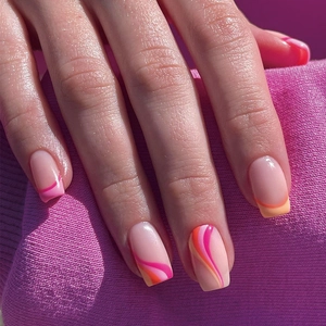 Faux Ongles À Coller Motif Vague Abstrait Style Français Forme Carrée Rose Orange Ongles Artificiels Brillants