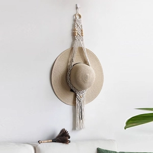 Bohemian macrame cotton wall hanging hat rack with wooden beads and long tassel decor