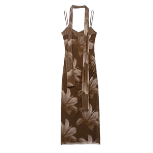 Abito midi in mesh marrone a fiori con scollo all'americana e dettagli arricciati